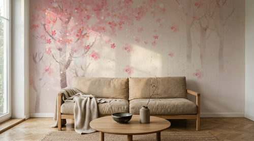 Design ZX0567 — Papier peint Cerisier rose foret vintage pastel — Novomur