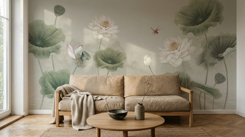 Design ZX0568 — Papier peint Lotus blancs feuilles libellule beige — Novomur