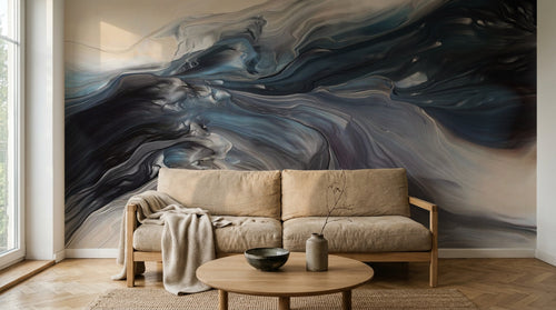 Design ZX0579 — Papier peint Vagues bleu marine fluid art beige — Novomur