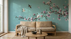 Design ZX0580 — Papier peint Magnolia rose oiseaux fond turquoise — Novomur
