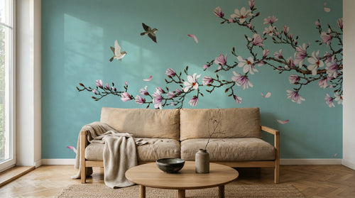 Design ZX0580 — Papier peint Magnolia rose oiseaux fond turquoise — Novomur