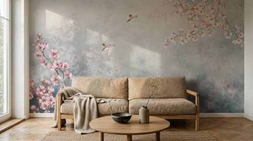Design ZX0596 — Papier peint Magnolia rose oiseaux fond bleu brume — Novomur