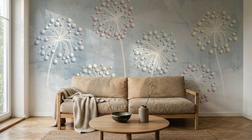 Design ZX0657 — Papier peint Pissenlits boules pastel fond bleu — Novomur