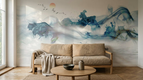 Design ZX0658 — Papier peint Paysage encre fluide bleu soleil orange — Novomur
