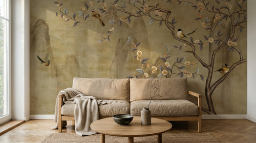 Design ZX0664 — Papier peint Pommier fleurs oiseaux montagne encre — Novomur