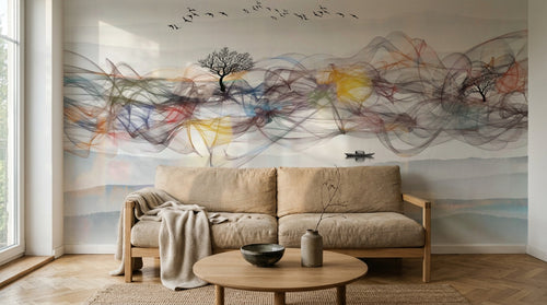 Design ZX0690 — Papier peint Vagues abstraites arbres oiseaux paysage — Novomur