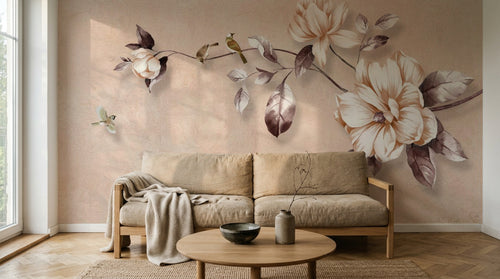 Design ZX0696 — Papier peint Branche fleurs blanches oiseaux beige — Novomur