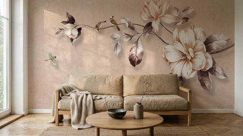 Design ZX0696 — Papier peint Branche fleurs blanches oiseaux beige — Novomur