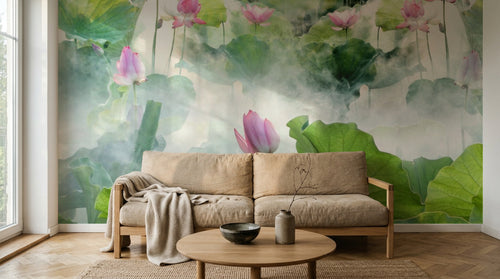 Design ZX0754 — Papier peint Lotus rose vif feuilles vert brume — Novomur