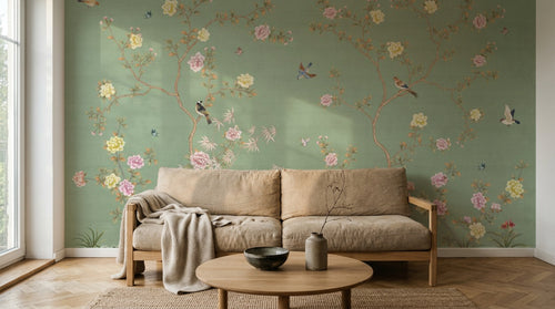 Design ZX0767 — Papier peint Chinoiserie branches fleurs oiseaux fond sauge — Novomur