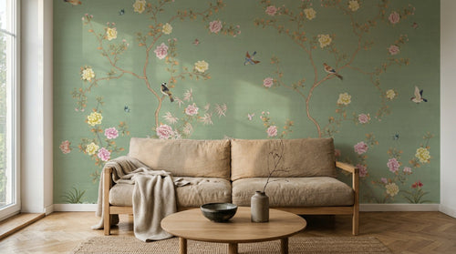 Design ZX0767 — Papier peint Chinoiserie branches fleurs oiseaux fond sauge — Novomur