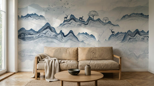 Design ZX0768 — Papier peint Paysage encre montagne cerfs barque — Novomur