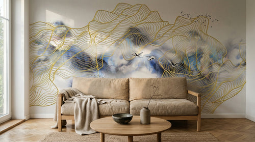 Design ZX0778 — Papier peint Montagnes lignes dorees grues abstrait — Novomur