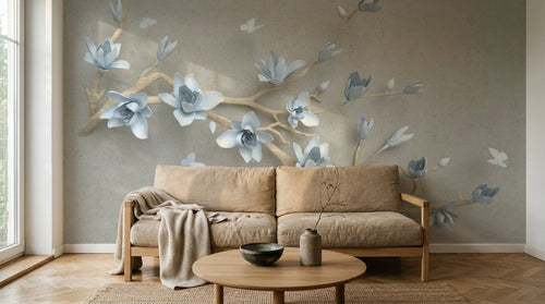 Design ZX0779 — Papier peint Magnolias bleus relief or beige — Novomur
