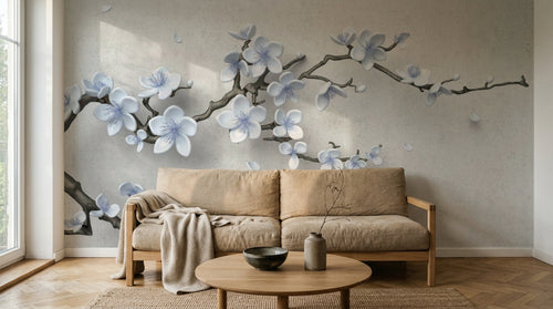 Design ZX0795 — Papier peint Cerisier blanc bleu 3D relief beige — Novomur