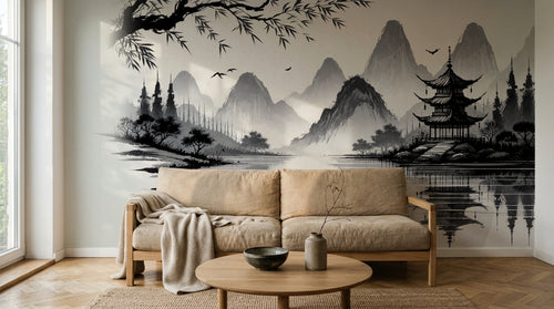 Design A0040 — Papier peint Asie Encre Noire Pagode — Novomur