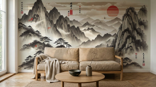 Design A0147 — Papier peint Asie Encre Noire Pagode — Novomur