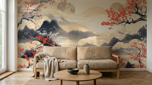 Design A0549 — Papier peint Cerisier Rouge Encre Asiatique — Novomur