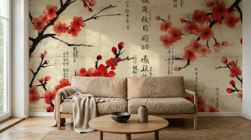 Design A0574 — Papier peint Cerisier Rouge Encre Asiatique — Novomur
