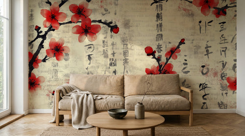 Design A0575 — Papier peint Cerisier Rouge Encre Asiatique — Novomur