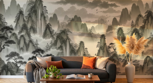 Design A0097 — Papier peint Asie Encre Noire Pagode — Novomur