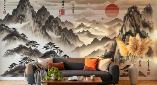 Design A0147 — Papier peint Asie Encre Noire Pagode — Novomur