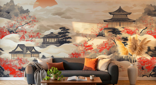 Design A0577 — Papier peint Asie Encre Noire Pagode — Novomur