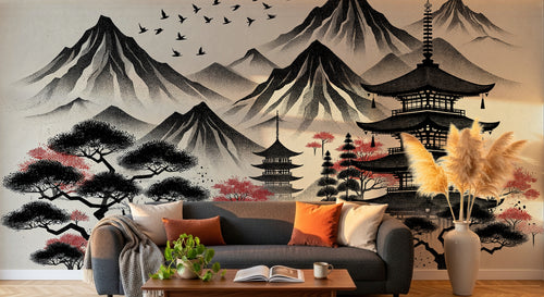 Design A0938 — Papier peint Asie Encre Noire Pagode — Novomur