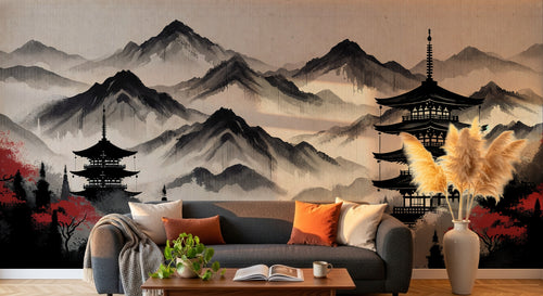 Design F0171 — Papier peint Asie Encre Noire Pagode — Novomur