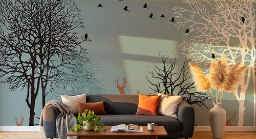 Design FC116 — Papier peint Foret hiver cerfs sautant migration — Novomur