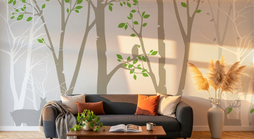 Design FC226 — Papier peint Foret scandinave cerfs et oiseau silhouette — Novomur