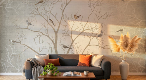 Design FC269 — Papier peint Grand arbre nu oiseaux brume — Novomur