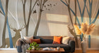 Design FC510 — Papier peint Foret cerfs et oiseaux silhouette beige bleu — Novomur