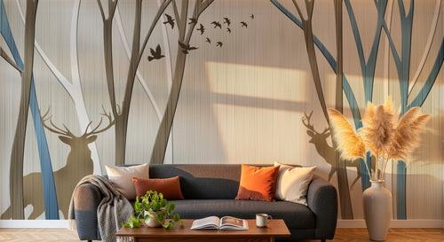 Design FC510 — Papier peint Foret cerfs et oiseaux silhouette beige bleu — Novomur
