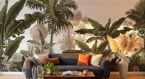 Design L0093 — Papier peint Jungle vintage palmiers et pagode — Novomur