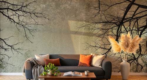 Design L0344 — Papier peint Branches nues fond gris vintage — Novomur