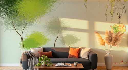 Design L0604 — Papier peint Arbres griffonnes vert cage oiseaux — Novomur