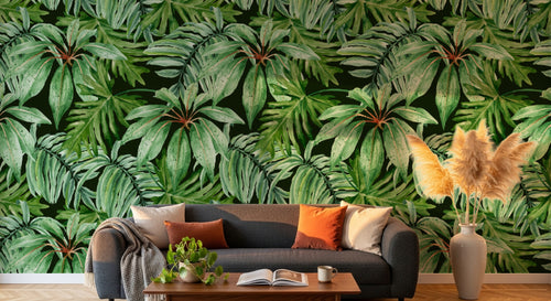 Design L0697 — Papier peint Pattern feuilles palmees vert dense — Novomur
