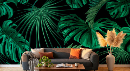 Design L0944 — Papier peint Monstera vert emeraude fond noir — Novomur