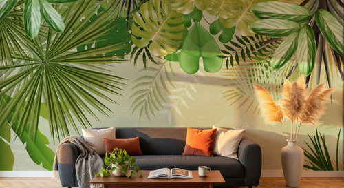 Design L1010 — Papier peint Encadrement feuillage tropical fond beige — Novomur