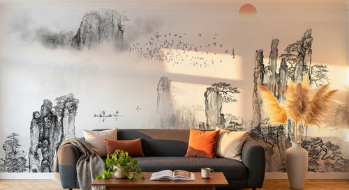 Design SK0212 — Papier peint Asie Encre Noire Pagode — Novomur
