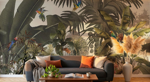 Design SL0006 — Papier peint Jungle vintage palmiers et aras colores — Novomur