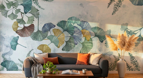 Design SL0008 — Papier peint Ginkgo multicolore aquarelle bleu pale — Novomur