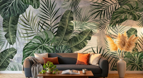 Design SL0086 — Papier peint Feuilles tropicales fond marbre gris — Novomur