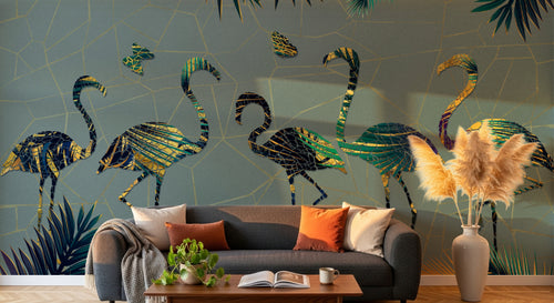 Design SL0143 — Papier peint Flamants silhouettes colorees fond gris — Novomur