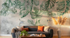 Design SL0173 — Papier peint Monstera cascade oiseaux fond marbre — Novomur