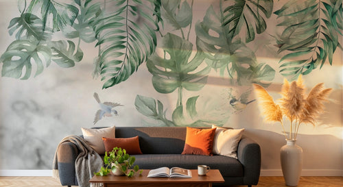 Design SL0173 — Papier peint Monstera cascade oiseaux fond marbre — Novomur