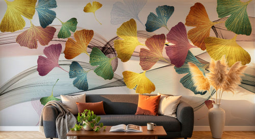 Design SL0212 — Papier peint Ginkgo multicolore lignes fluides — Novomur