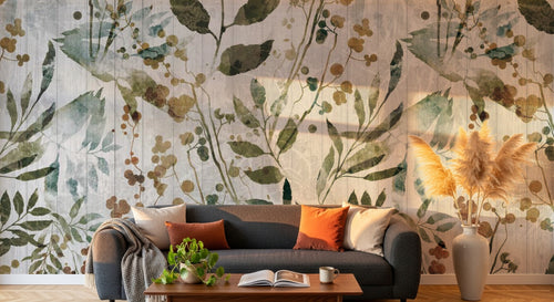 Design SL0235 — Papier peint Feuilles botaniques aquarelle vert beige — Novomur