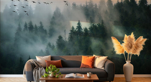 Design SL0241 — Papier peint Foret pins brumeuse oiseaux photo — Novomur